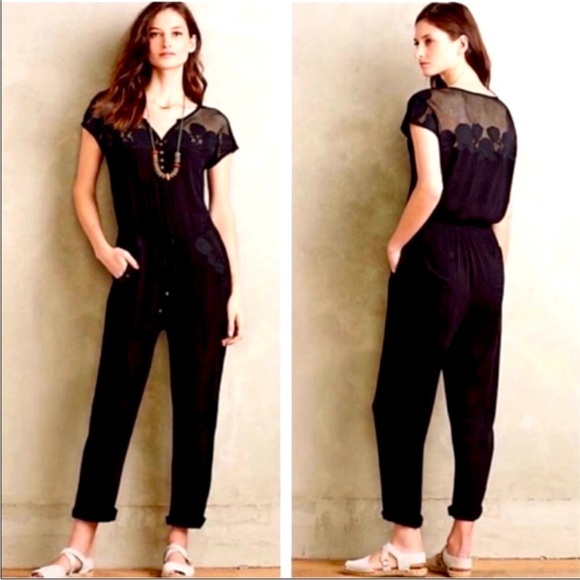 Anthropologie Crinkle Gauze Jumpsuit with Floral Appliqué and Mesh by Lilka
XS - Picture 1 of 16